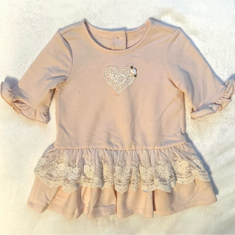Marmellata Baby Girl Neutral Pale Pink & Ivory Lace Ruffle Dress Floral 6-9M